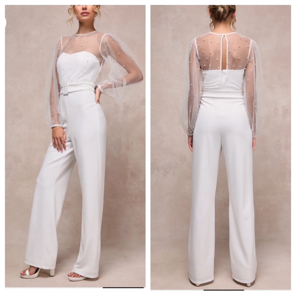 New! Lulus Lavish Darling White Mesh Pearl Belted Wide-Leg Jumpsuit 33104
